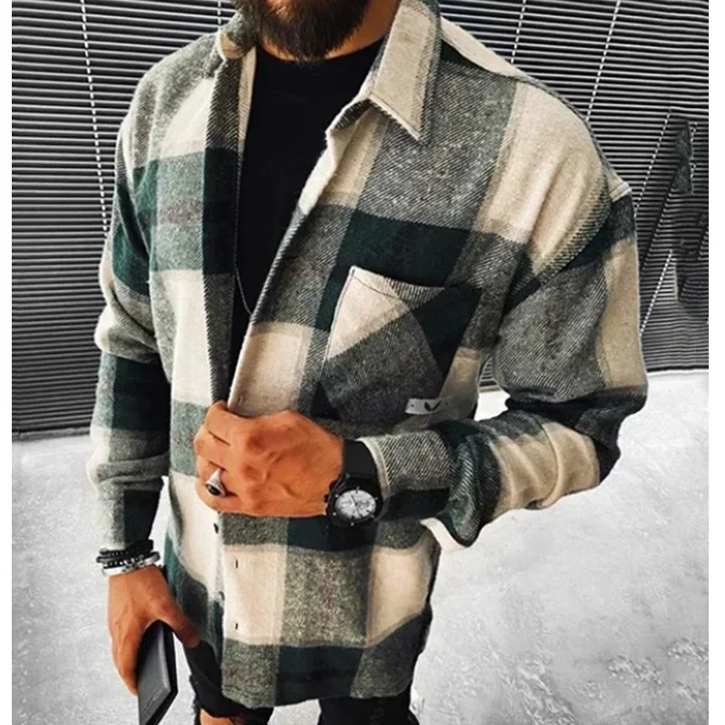 Men Plaid Shirt Spring Fashion Large Size Pockets Long Sleeve Top Turn-down Collar Single-breasted Shirts