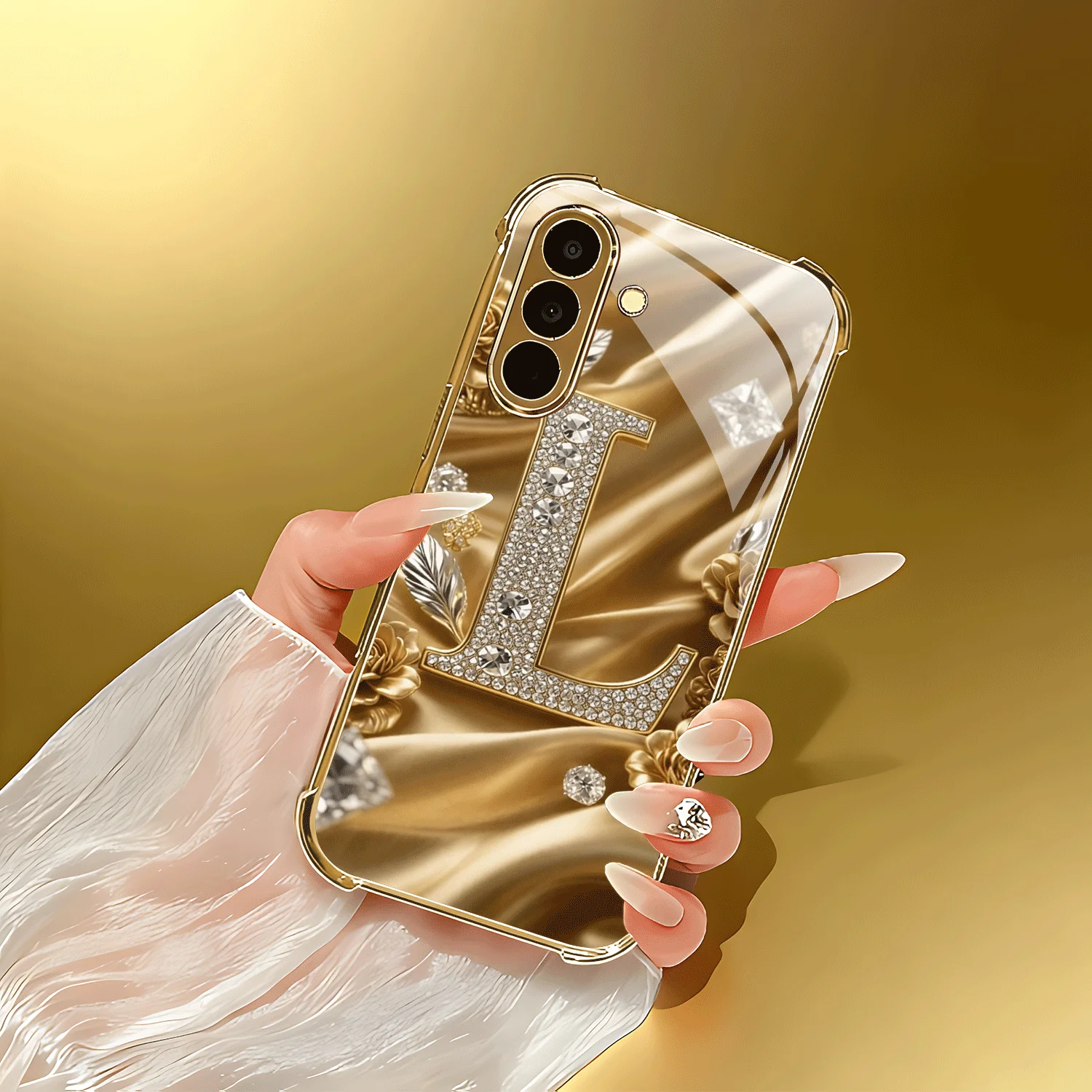 Diamond-studded letter "L" gold silk electroplated glass phone case for Samsung Galaxy S26 S25 S24 S23FE/Ultra/Plus drop Cover