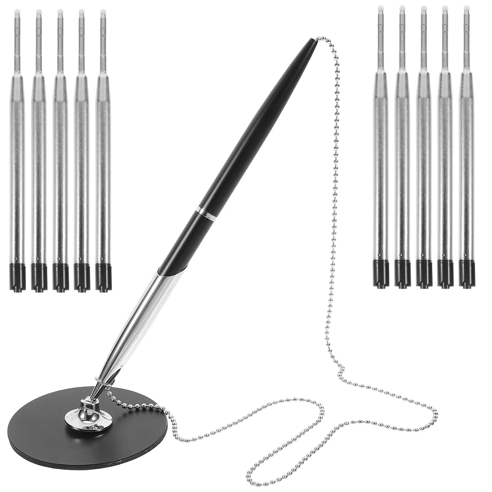 1Set Metal Desktop Standing Signature Pen with Chain Ergonomic Office Business Writing Pen for Banks Hotels Countertop Signing