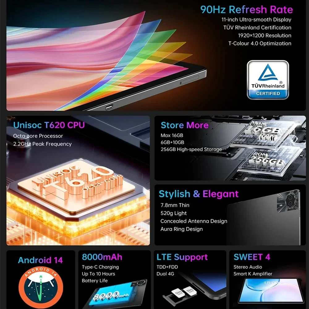 Tableta Teclast T50 Plus Android 14 11 "2K 90Hz alta actualización 6GB + 256GB UNISOC T620 8000mAh batería 8MP + 13MP cámara 4G Tab