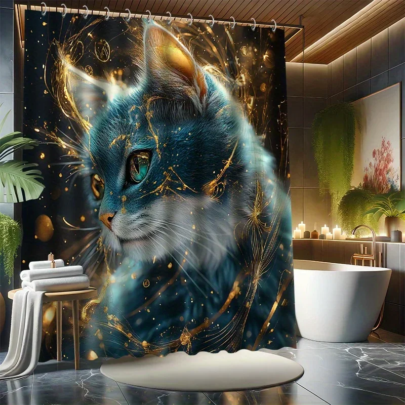 

~O~Cute Little Cat Shower Curtain Set - Blue Cat, Includes 12 Hooks, Waterproof Polyester, Bathtub Partition, Modern Bathroom De