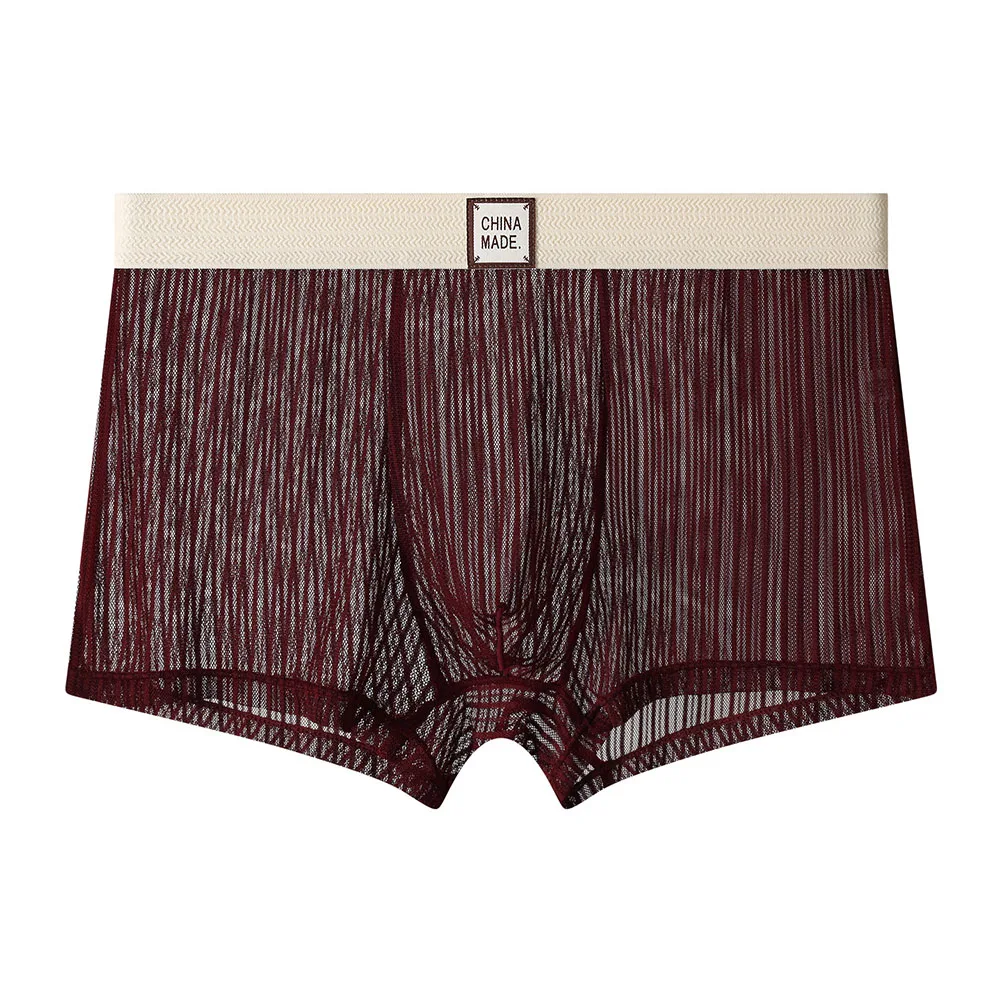 1pc Men Mesh See Through Boxer Shorts Solid Color Striped Underwear Ultra-thin Cool Breathable Trunks Sexy Mesh Sheer Panties