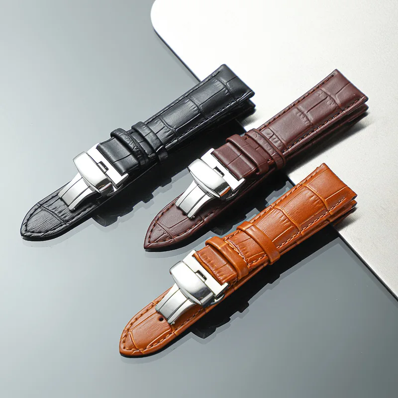 

Leather Calfskin Strap 14mm 16mm 18mm 20mm 22mm 24mm Steel Buckle Universal Wristband Double Button Butterfly Clasp Watchband