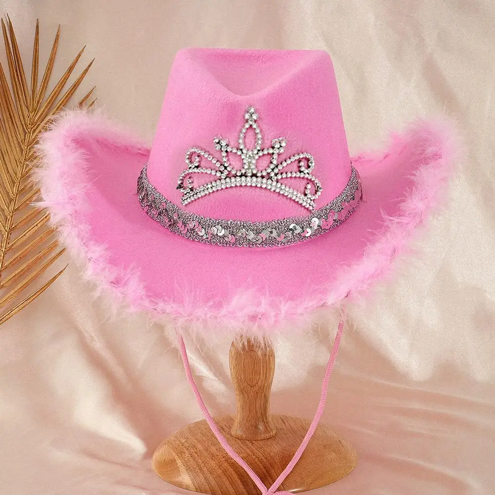 Wide Brim Pink Fur Brim Cowboy Hats Cowgirl Party Carnival Western Hats Stylish Glitter Crown Sequin Feather Caps For Women's