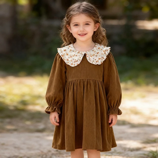Meninas saia 2025 primavera e outono novas roupas infantis meninas bebê moda doce veludo quebrado flor boneca colarinho vestido
