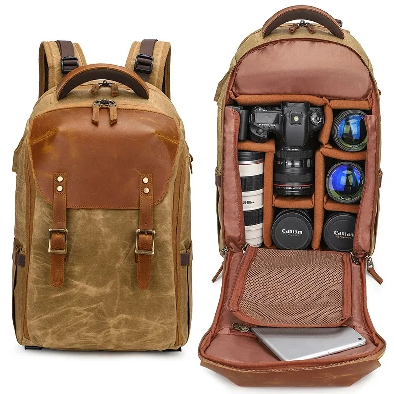 Retro Batik Canvas Leather Waterproof Photography Backpack With USB Port fit 15.4inch Laptop Men Camera Bag Travel Carry Case