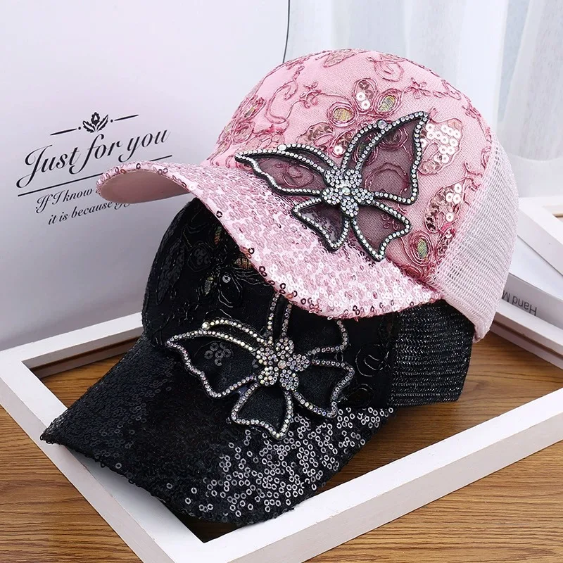 

Trendy Women's Sequined Baseball Cap Rhinestone Butterfly Design Breathable Mesh Summer Sunshade Cap for Children