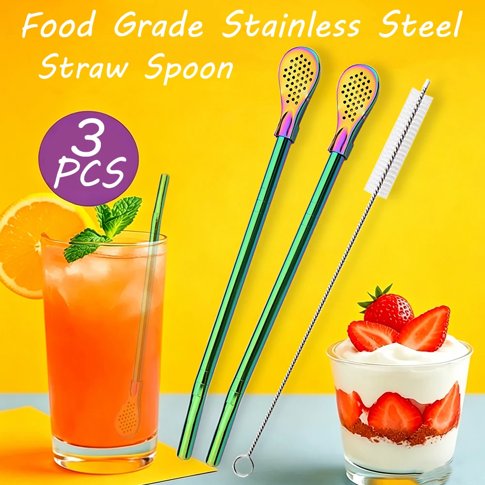 3Pcs/Set Rainbow Stainless Steel Drinking Straws Washable Reusable Yerba Mate Spoon Filter Straw for Cocktail Bar Accessories