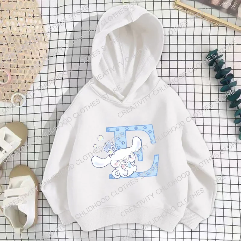 Sanrio-sudaderas con capucha de Cinnamoroll para niños, sudaderas con letras A, B, C, D, ropa Kawaii, jersey de dibujos animados de Anime, Tops