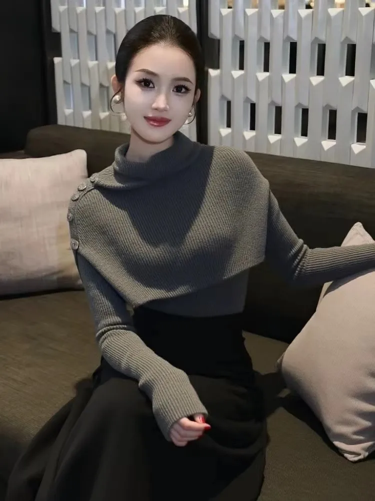 

Вязаный свитер-накидка с высоким воротником, имитация двухслойности, простой и элегантный, женский, осенне-зимний, модный тренд, красивый топ