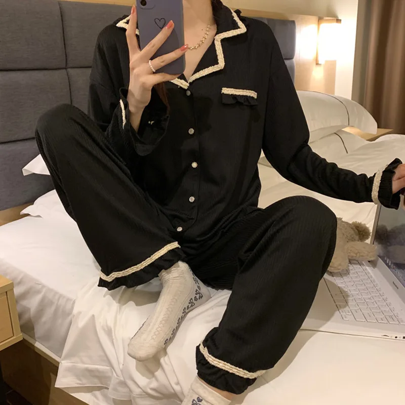 2pcs Pajamas Women\'s Spring and Autumn Cardigans Long Sleeves and Trousers Plus Size Loose Black Loungewear Can be Worn Outside