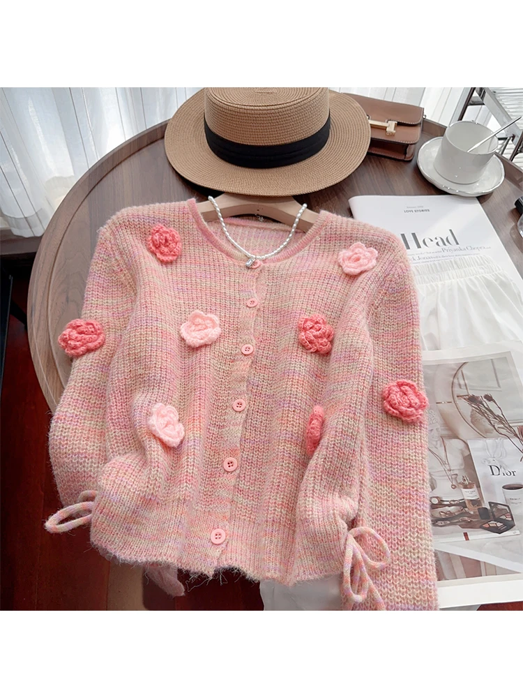 Autumn Winter Women Floral Cardigan Sweater O-Neck French Vintage Long Sleeve Knitwear Mohair Mori Girl Stylish Cute Core Tide