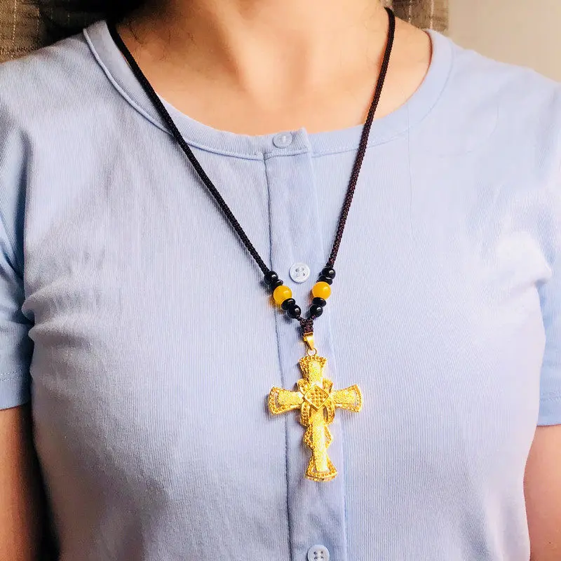 GRGEUS Women's Long-Lasting Fade Resistant Sand Gold Cross Pendant Sweater Chain Copper Gold Plated Imitation Gold Trendy Jewelr