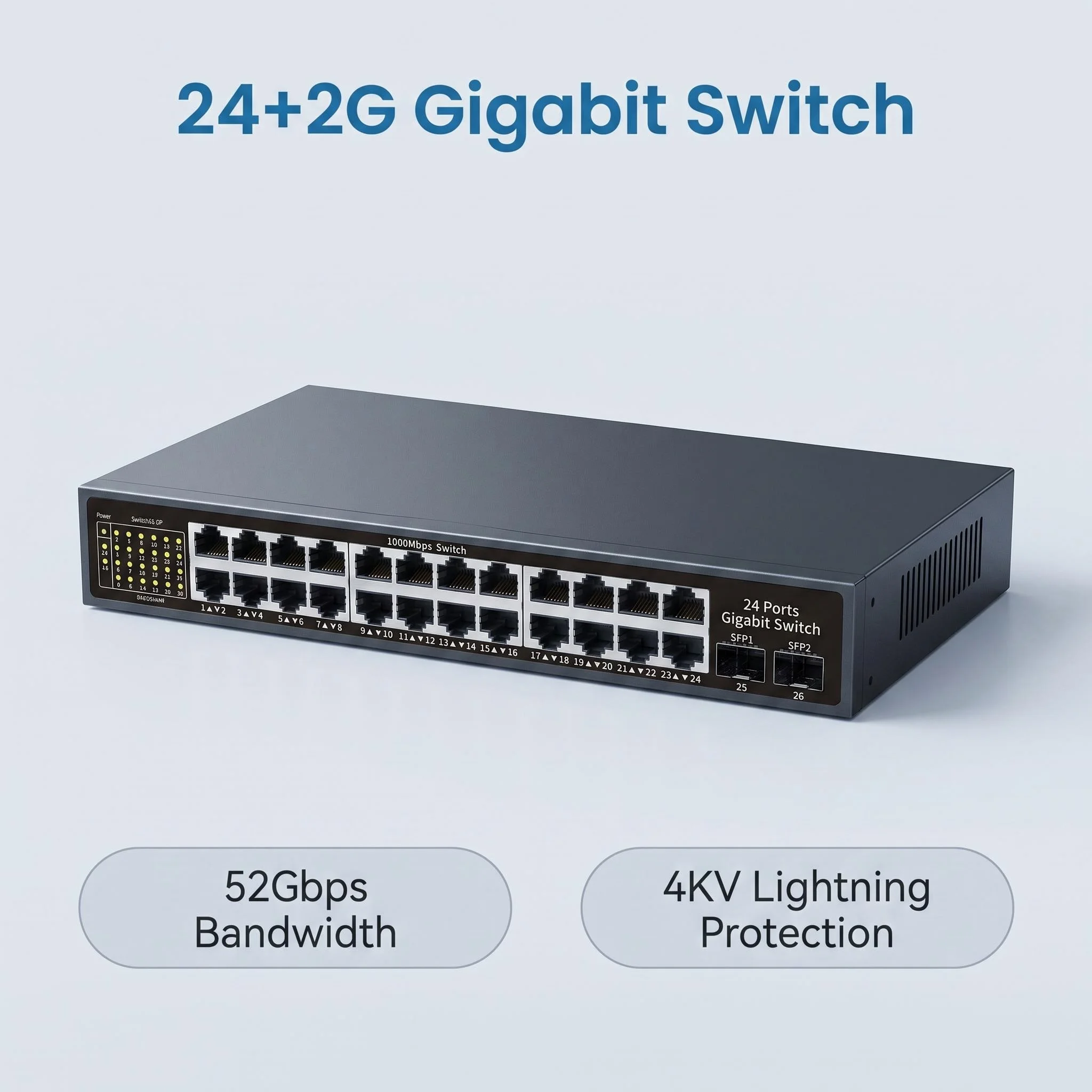 24 Port Gigabit Non-Managed Network Switch 2 SFP Ports 52Gbps Bandwidth 4KV Lightning Protection Plug and Play