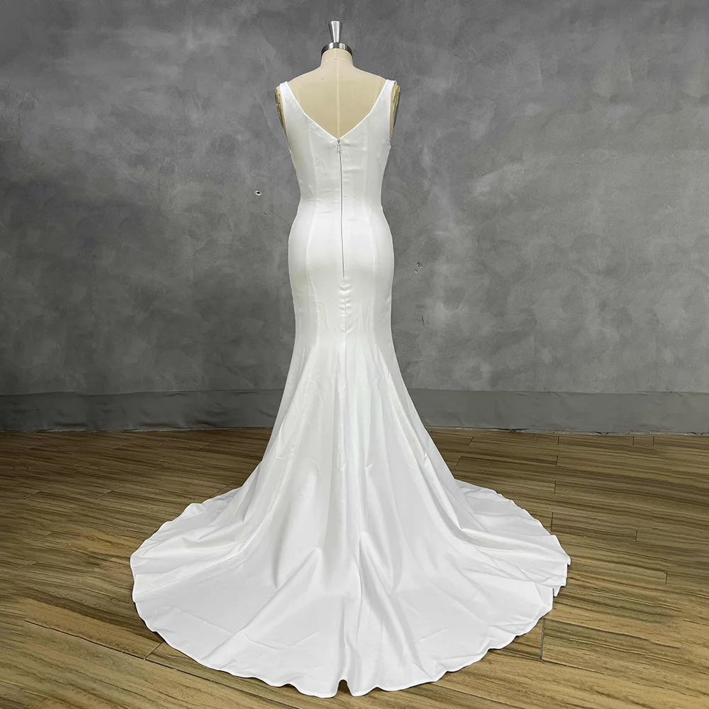 Square Neck Satin Mermaid Wedding Dress Spaghetti Strap Back High Slit Sweep Train Simple Custom Bridal Gown Vestido De Noiva image 6