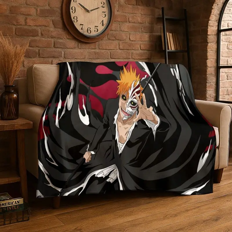 Classic Anime Bleach Kurosaki Ichigo Cartoon Flannel Blanket,Ultra Soft Plush Throw for Home Bedroom Bed Sofa Cover Picnic