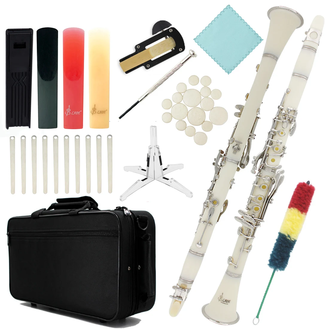 White Bb Clarinet B-flat Beginner Student Clarinet for School Orchestras Adults with Hard Shell Cleaning Kit Bracket Gloves Part