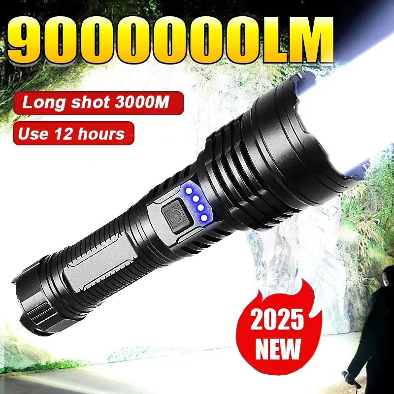9000000LM Most Powerful LED Flashlight XHP360 Rechargeable Hand Lamp Waterproof Tactical Torch 26650 Camping Fishing Lantern