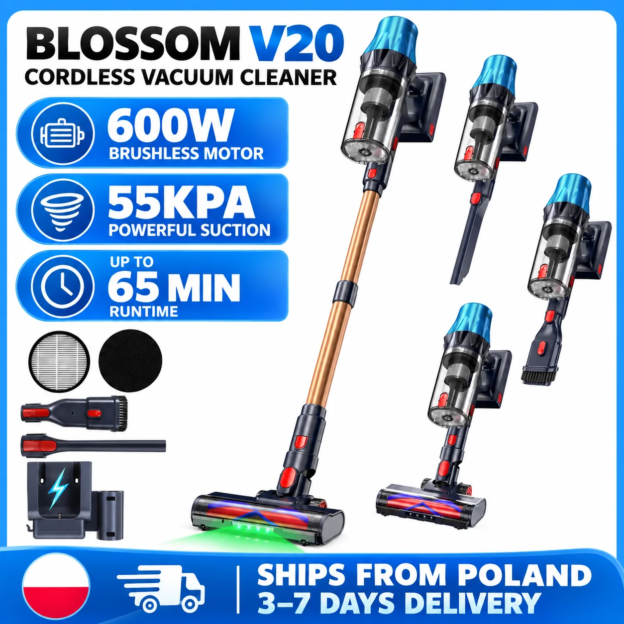 Blossom V20 Akku-Staubsauger, 600W bürstenloser Motor, bis zu 55KPa starke Saugkraft, 65 Minuten Laufzeit, 1,5L Staubbehälter, herausnehmbarer Akku, LED-Stabstaubsauger für Teppich, Hartboden,