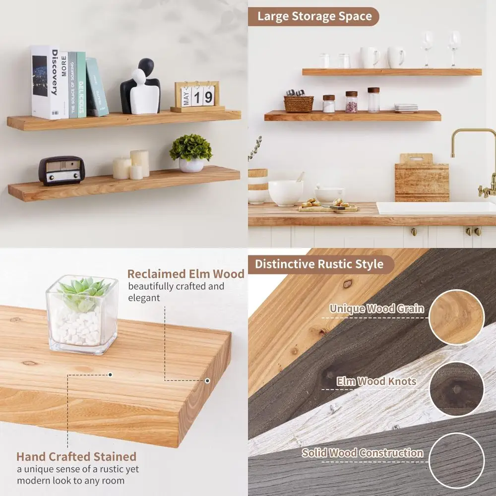 

Деревенские 8-дюймовые плавающие полки из цельного дерева вяза для настенного хранения и дисплея