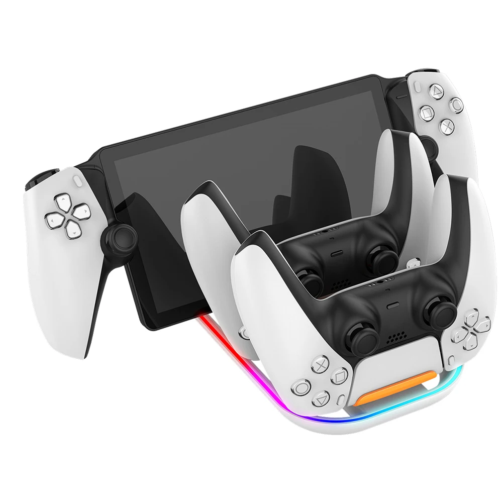 Station de charge pour portail Playstation, support de charge portable pour accessoires de portail PS avec 14 lumières RVB, câble de type C et Station de charge pour portail Playstation, support de charge portable pour accessoires de portail PS avec 14 lumières RVB, câble de type C et