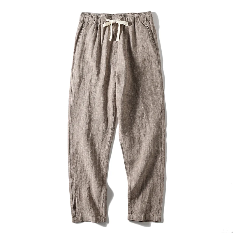 Cotton and Linen Comfortable Men\'s Fashion Trend Summer Pure Straight Stripe Thin Breathable Solid Color Loose Casual Pants