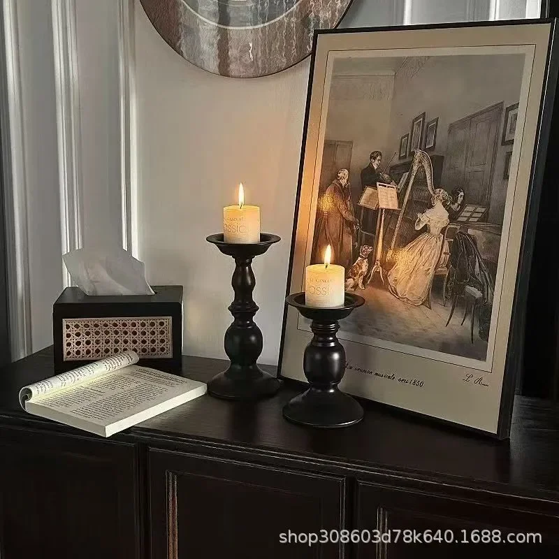 for French Retro Black Roman Column Candlestick Holder Wrought Iron Aromatherapy Pedestal Home Dining Table Atmosphere