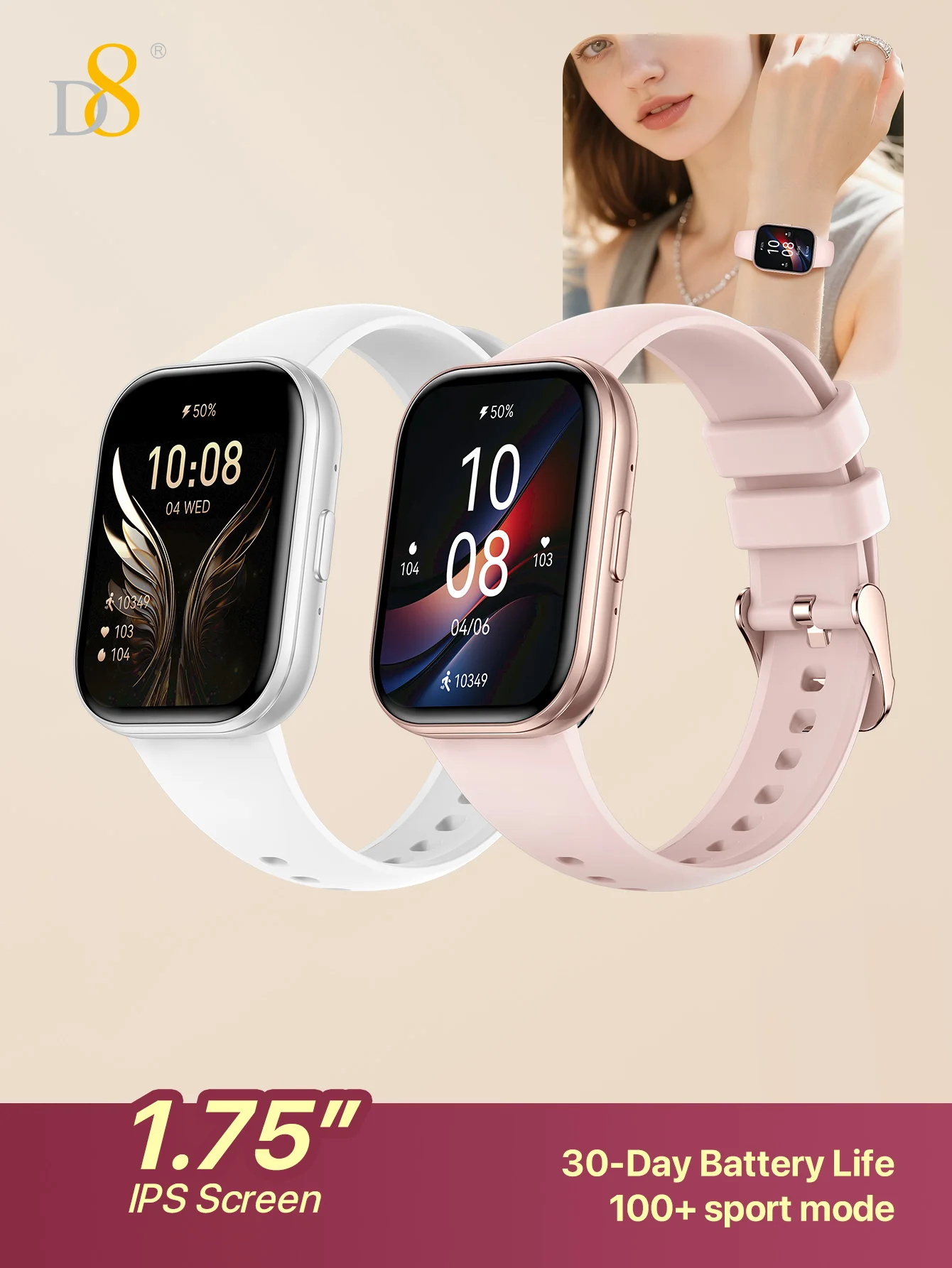 

D8 Smart Watch for Women, Timeless Elegance Design, 1.75" HD Curved Touch Screen, Fashion Wrist Accessory for Casual/Office/Part