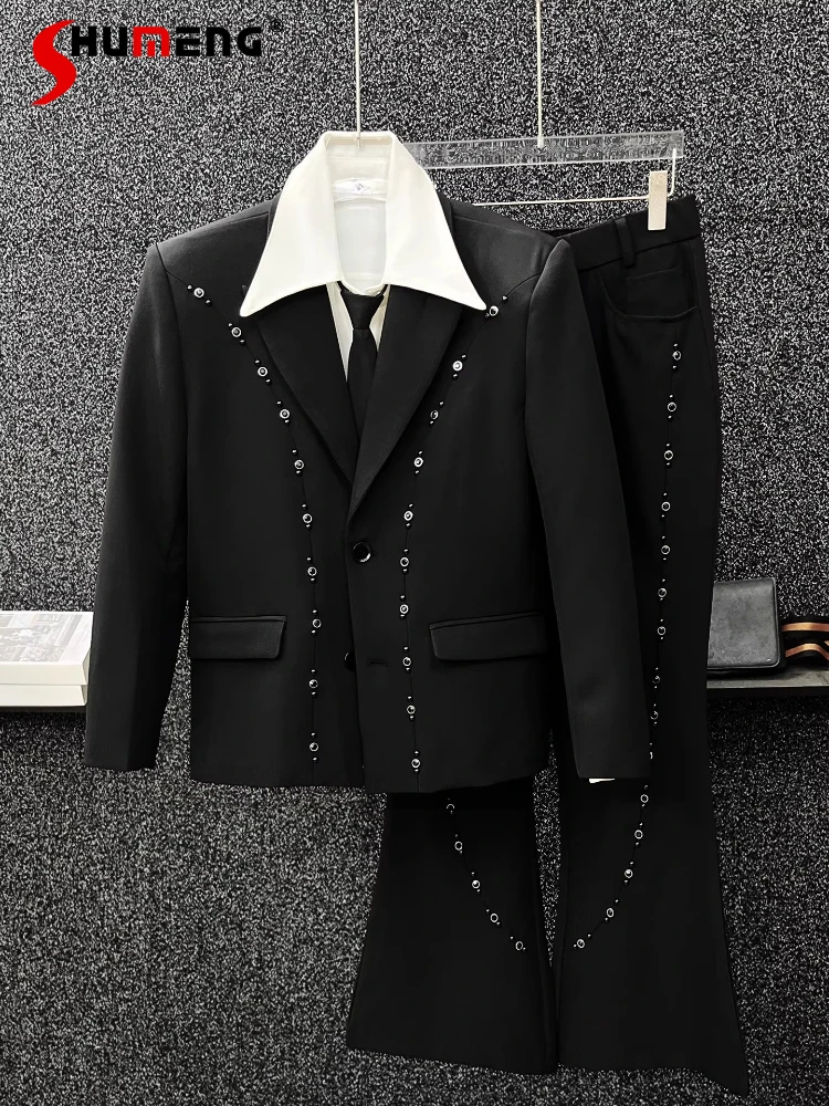 

Men's 2025 Autumn New Trend Two-piece Set Comfort Padded Shoulder Suit Jackets High-end Fashion Beaded Blazers Flared Pants Sets
