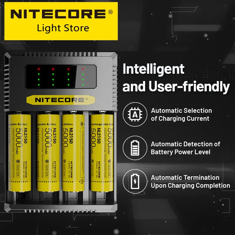 Imagem -04 - Nitecore Carregador de Bateria Inteligente Quatro Entalhes Cir Li-ion 18650 14500 26650 aa Aaa 18w pd do qc Inteligente