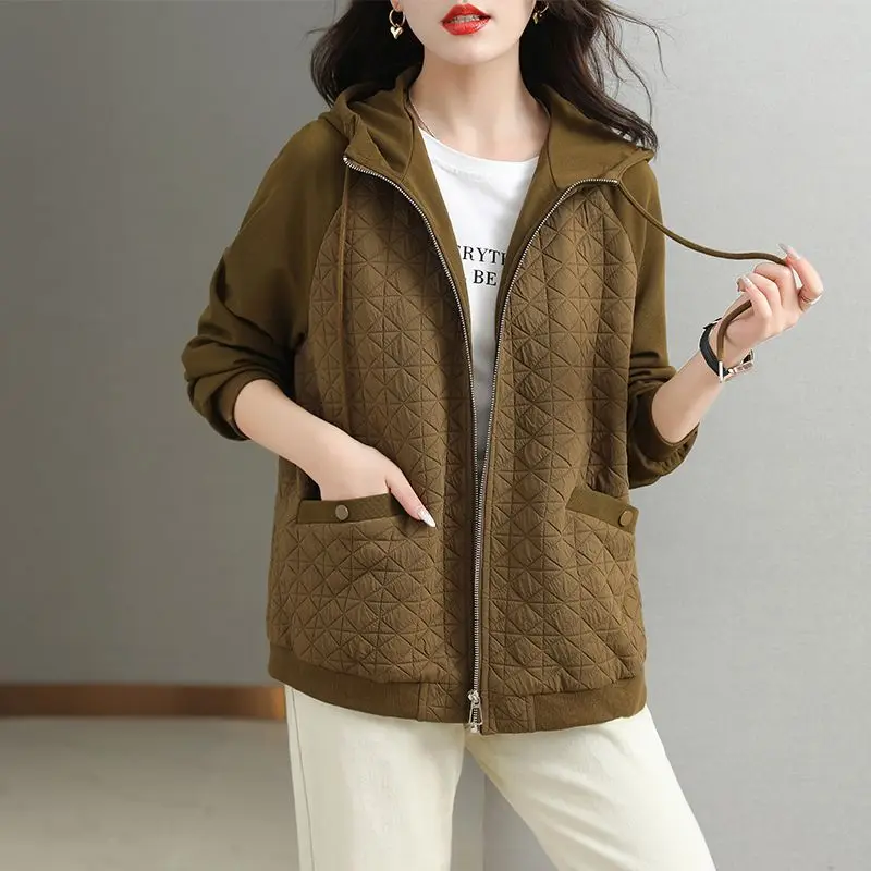 Jaqueta casual feminina com capuz com zíper curto, jaqueta básica, patchwork coreano, high-end, outono e inverno, nova, 2023