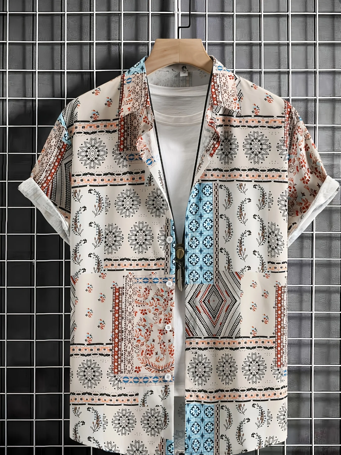 Men Short Sleeve Shirt Bohemian Paisley Mandala Patchwork Print Turn‑Down Collar Button‑Up Summer Top