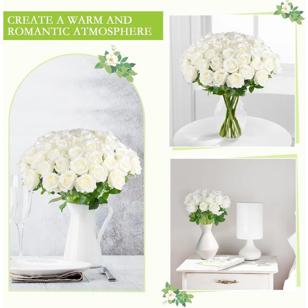 Artificial Roses in Bulk, Fake Silk Roses Realistic White Roses for Wedding Centerpieces Flower Arrangement Home Decor (50, Whit
