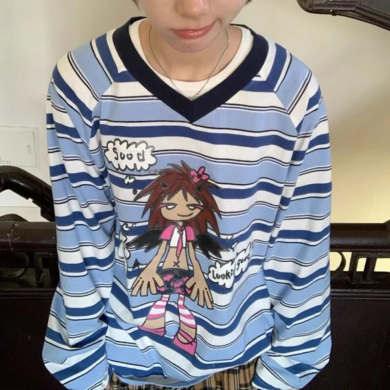 أزياء مخططة طباعة تي شيرت المرأة اليابانية الخامس الرقبة طويلة الأكمام المرأة تي شيرت Y2K الشارع الشهير ملابس نسائية فضفاضة غير رسمية #2