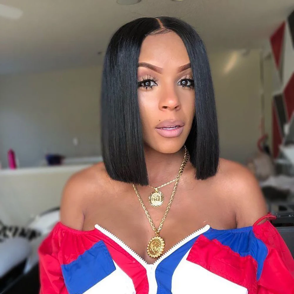 2 * 6 スモールエリアレースストレートショートボブ人毛ウィッグふわふわで自然なブラジル人毛ウィッグ黒人女性用既製品