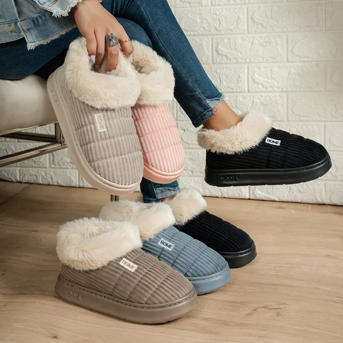 Women EVA Slippers Closed Back Fuzzy Fleece Warm Cozy Winter Thick Sole Memory Foam Non slip Indoor Outdoor Home Bedroom Booties