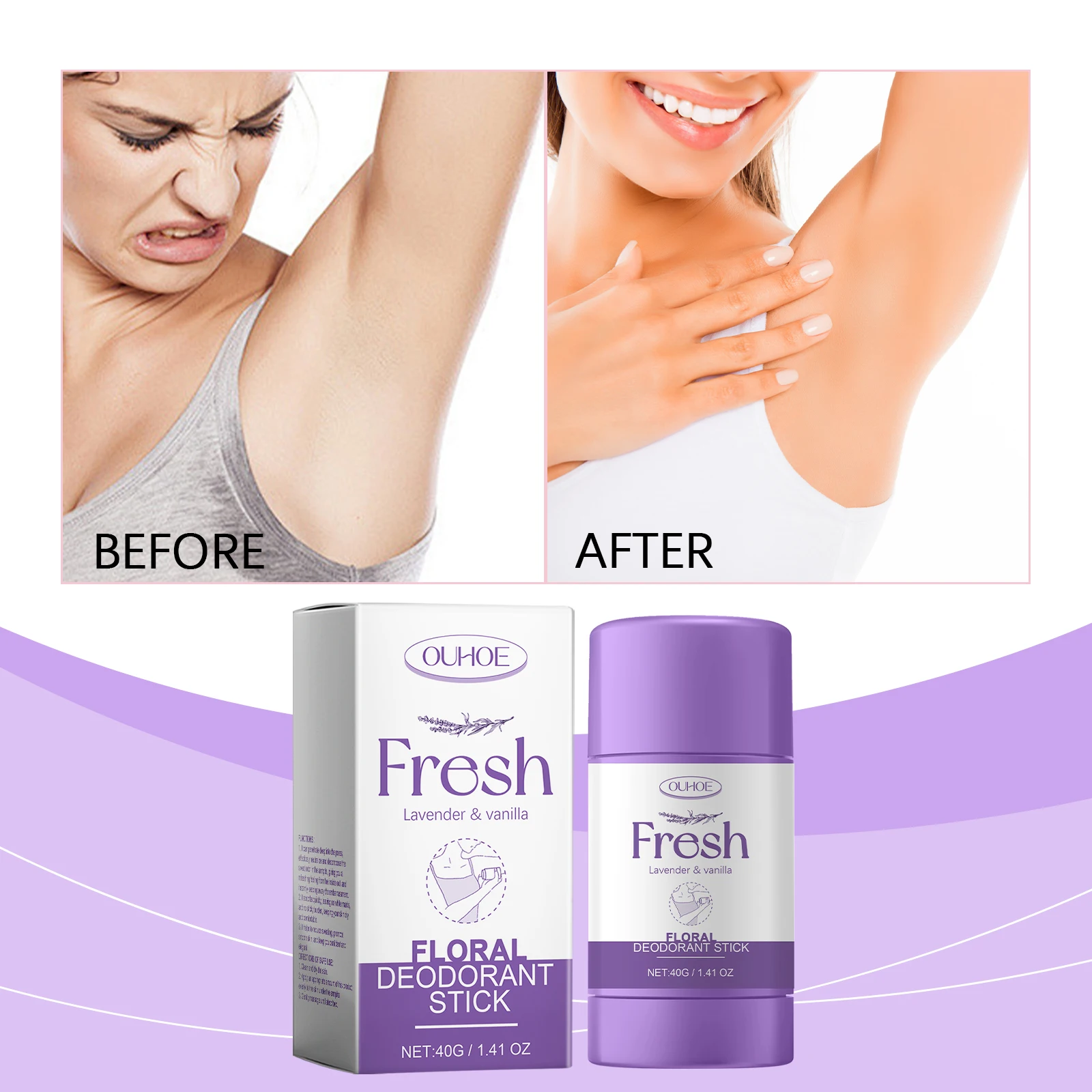 Natural Deodorant Stick - Lavender & Vanilla Floral Scent, Aluminum-Free Formula, 40G