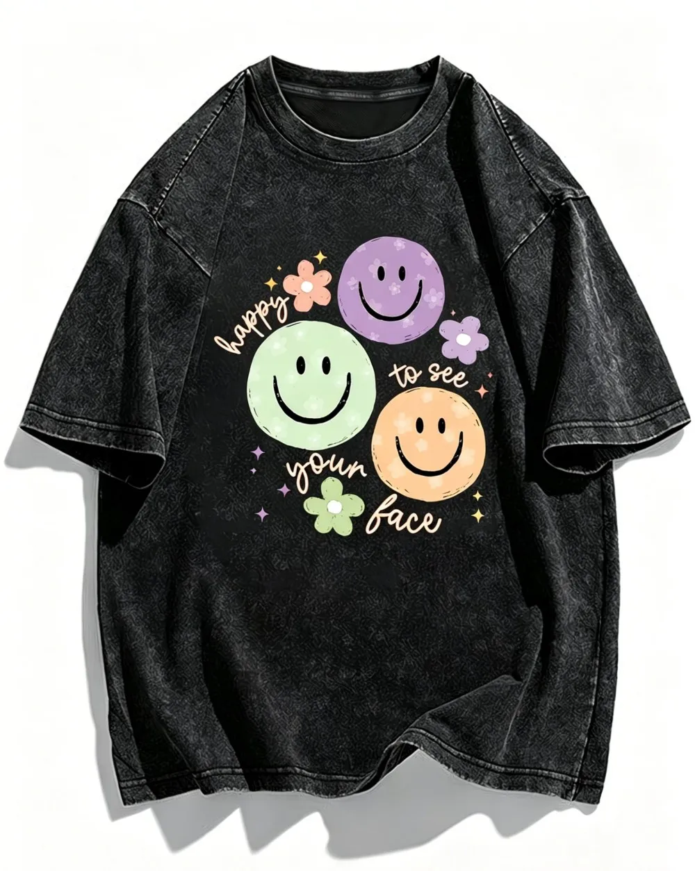 Vintage Smiley Face T-Shirt Washed Cotton Y2K Aesthetic Tee Happy To See Your Face Top Retro Soft Girl Style Casual Streetwear