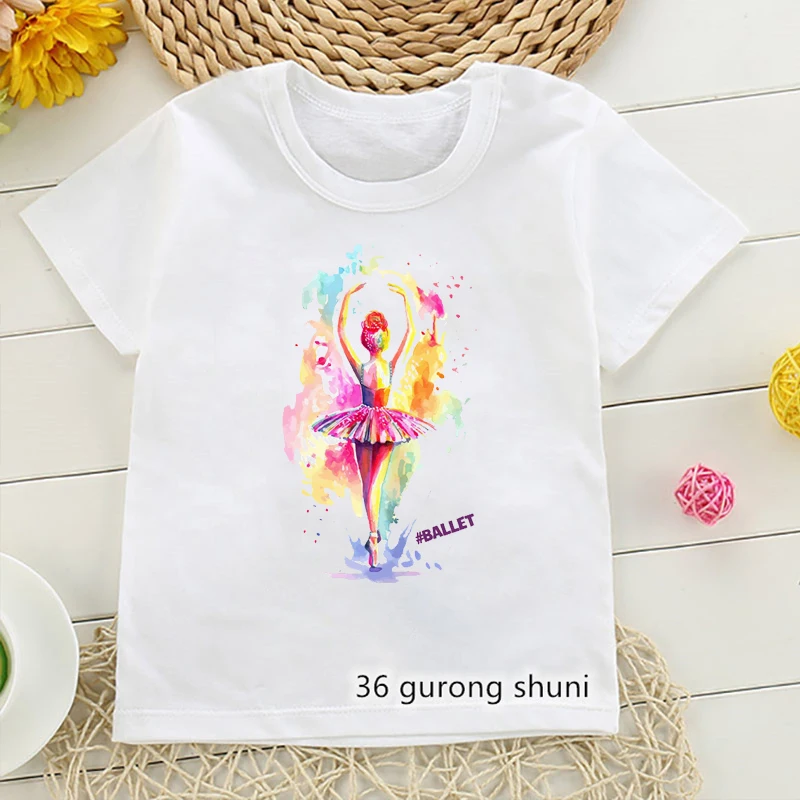 T-shirt imprimé séparés euse de ballet d'interconnexion pour filles, vêtements pour enfants, chemise blanche à manches courtes, Harajuku, Kawaii, mode estivale, 2024