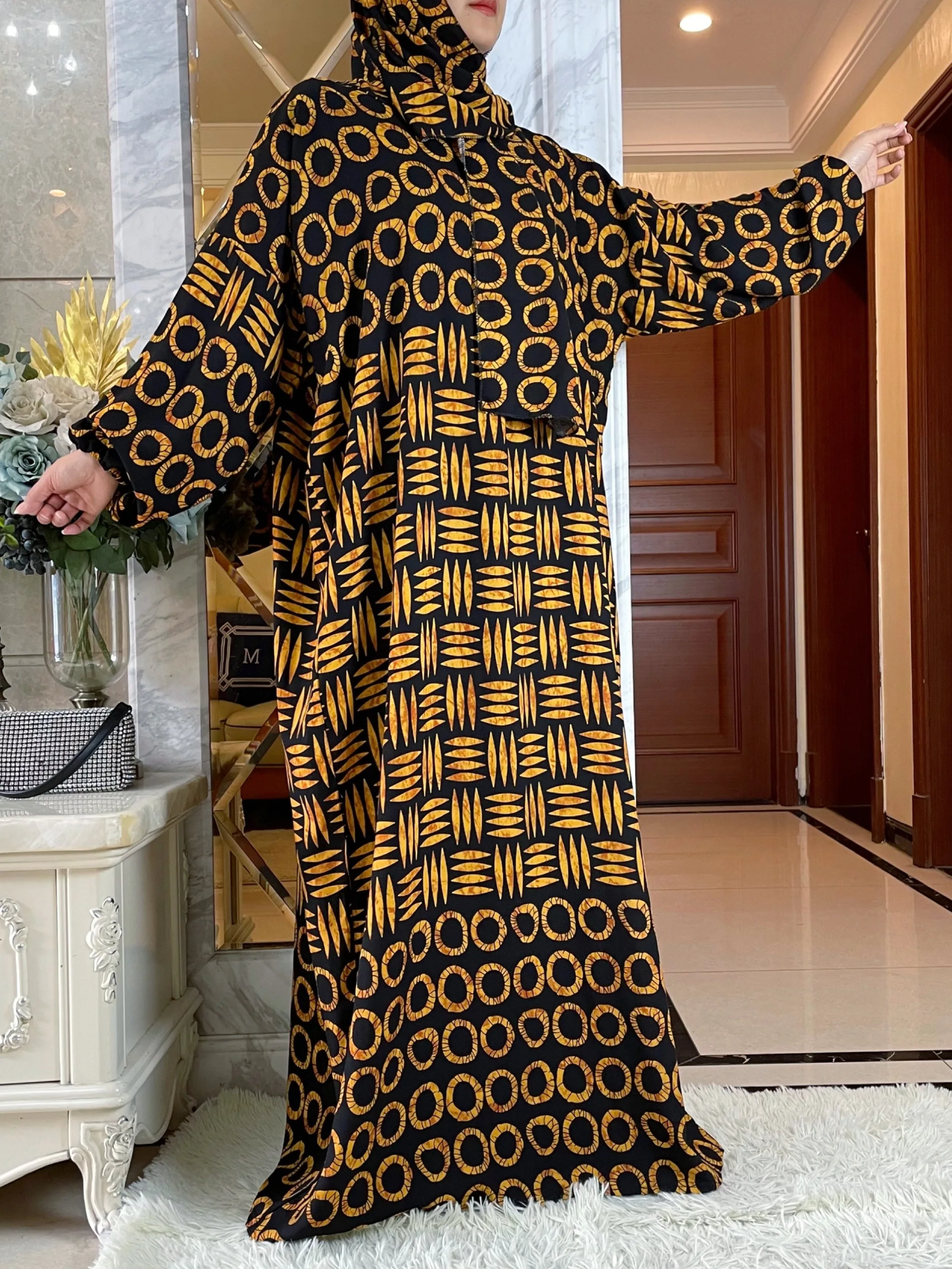 Latest African Women Summer Half Sleeve Dress With Big Scarf Collect Waist Floral Boubou Maxi Islam Cotton Elegant Abaya Clothes