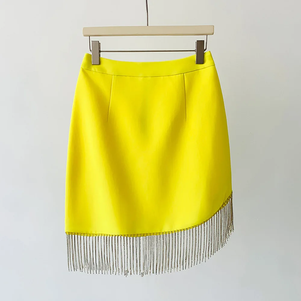 Fato amarelo feminino, saia, jaqueta de 2 peças, vestido de baile curto, luxo, senhora do escritório, roupa de trabalho diária, casaco de um botão, primavera