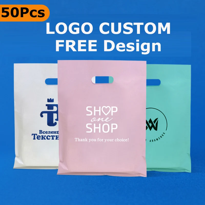 Plastic Bags 50Pcs Priting Logo Shopping Bags Personalized Gift Bags For Small Business Boutique Retail Trade Bag