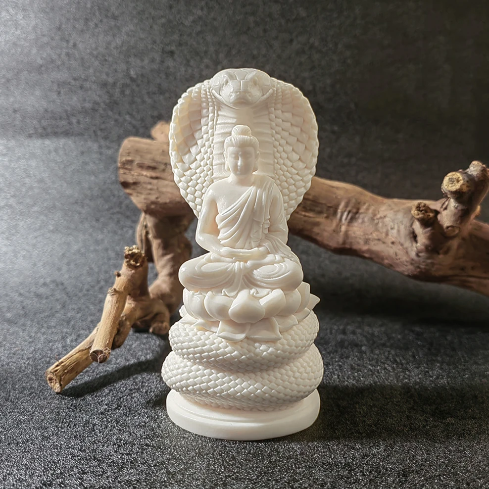 

Ivory fruit carving Tathagata Buddha Statue, snake protecting Buddha Ornament, Chinese Zen decorations for home, living room