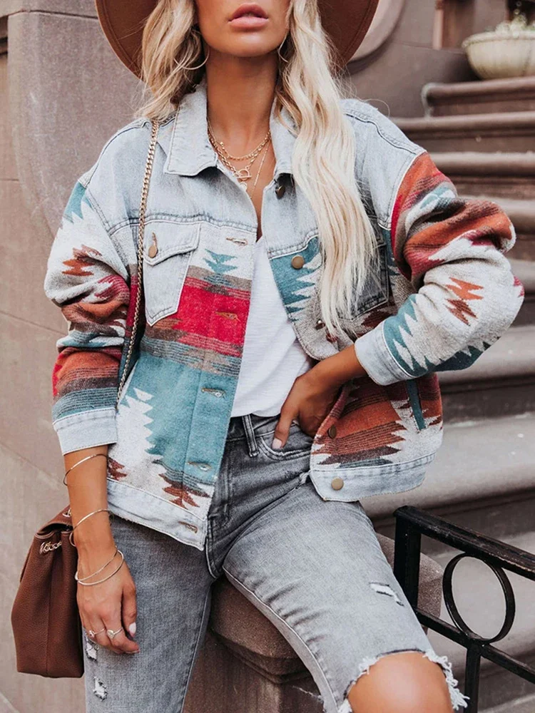 Vintage Womens Denim Jacket Geometric Print Autumn Winter Jeans Coat Female Slim Fashion Outerwear