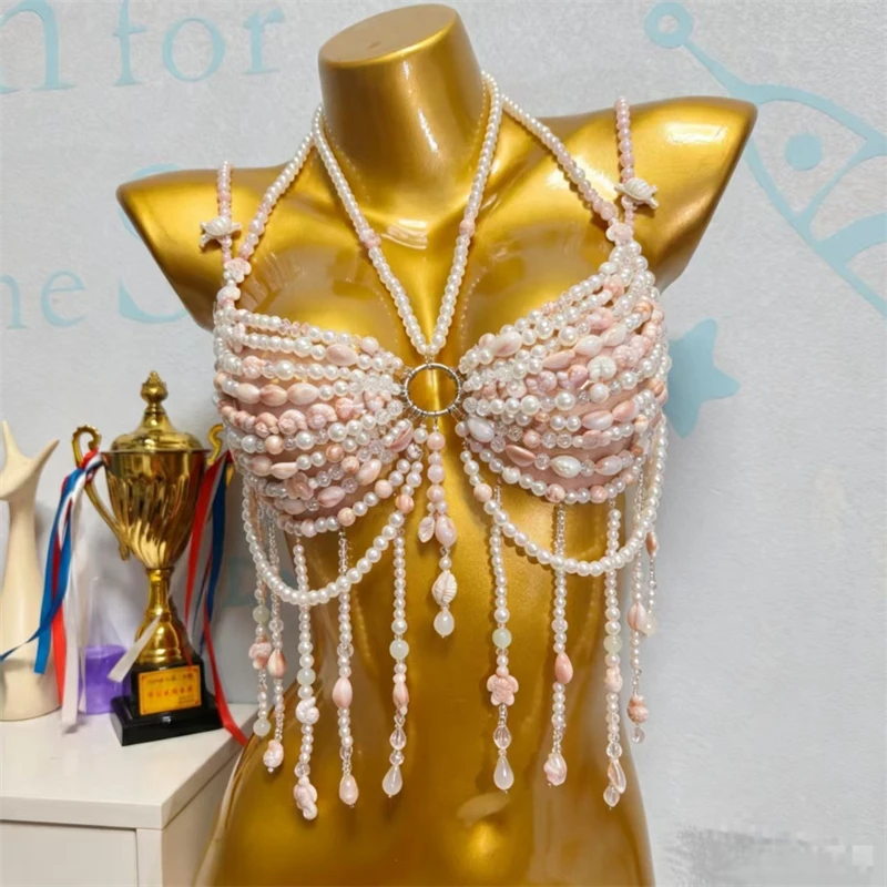 Damenbekleidung: Perlenbesetztes Quasten-Bodychain-Bralette, Perlen-Neckholder-Harness-Crop-Top, sexy für Strandparty, Festival, Rave, Urlaub. – Detail 6