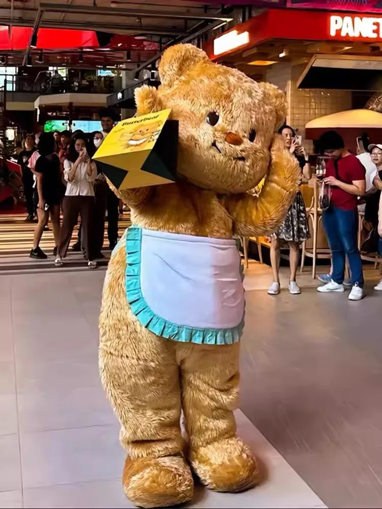 Bambola di Costume della mascotte della peluche dell'orso del burro Kawaii di vendita calda di alta qualità che indossa le articolazioni del grembiule puntelli di prestazione di Anime della testa dell'orso