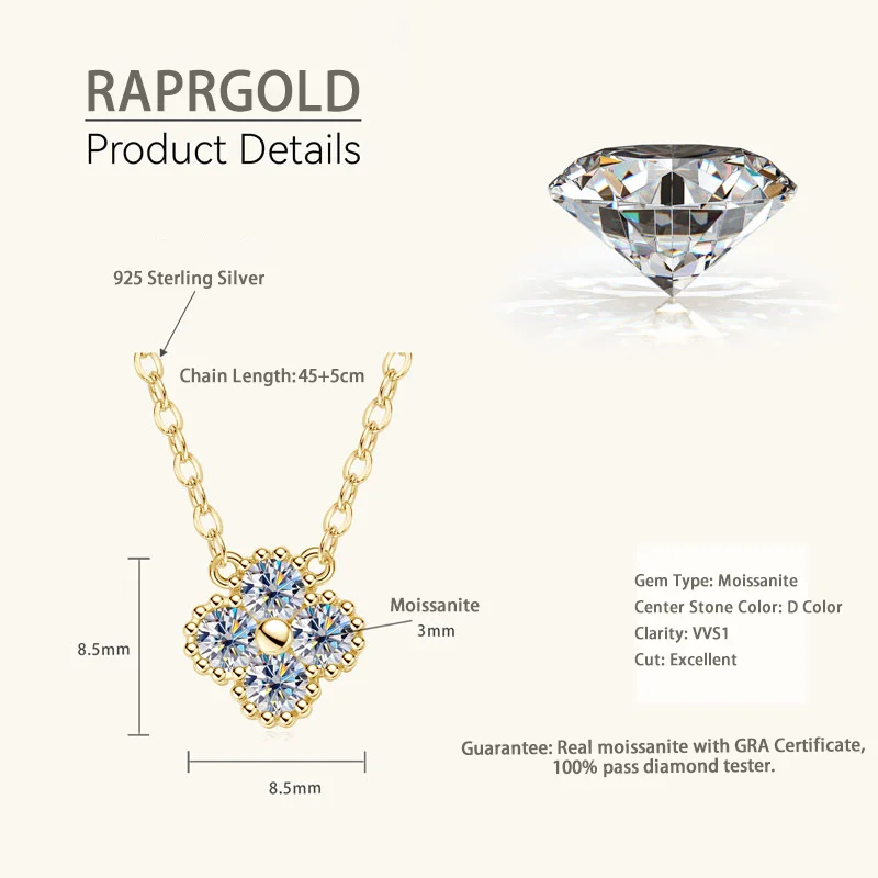 RAPRGOLD GRA Certified Moissanite Clover Pendant Necklace for Women Real S925 Sterling Silver Chains Wedding Neck Jewelry Gifts