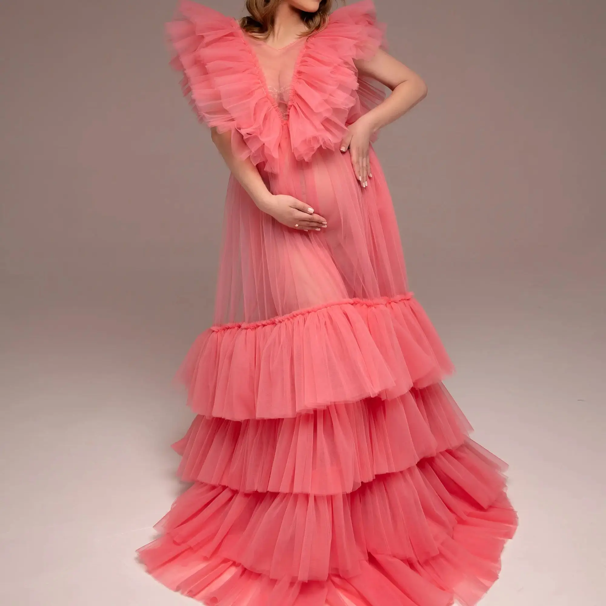 

Sexy Ruffles Tulle Evening Dresses V Neck Photo Shoot Baby Shower Prom Gowns Sweep Train Pregnant Woman Robes