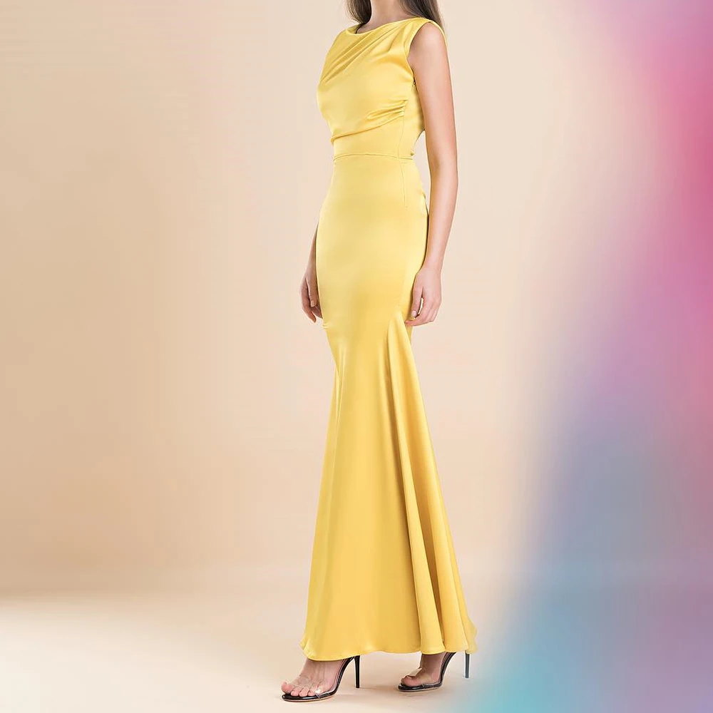 Elegant Pleats Mermaid Ankle Length Evening Dresses Temperament Crew Neck Satin Sleeveless Yellow Party Gowns Saudi Arabia 2024