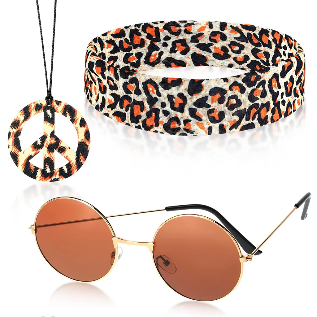 Disfraz de accesorios Hippie para hombres, traje de leopardo arcoíris Hippie de los años 70, diademas Hippie para hombres, collar de signo de la paz, gafas de sol